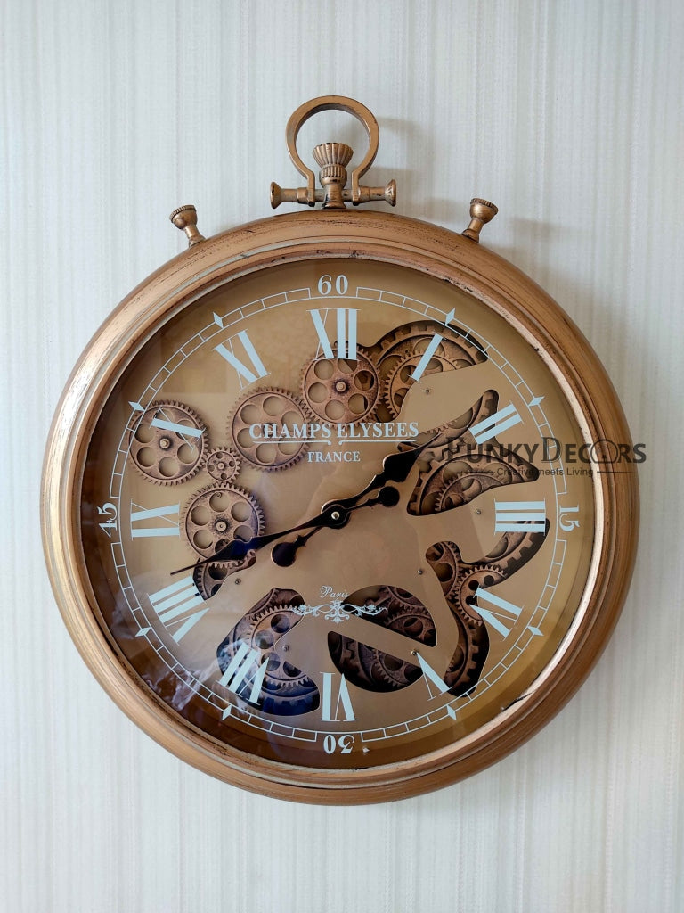 Funkytradition Royal Retro Style Metal Wall Clock With Glass Frame And Moving Gear Chronograph