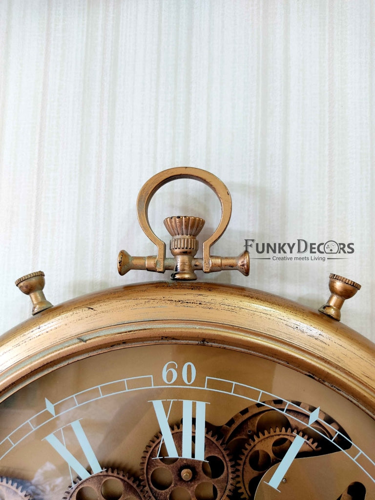 Funkytradition Royal Retro Style Metal Wall Clock With Glass Frame And Moving Gear Chronograph