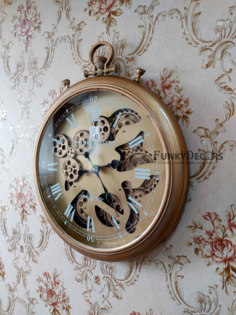 Funkytradition Royal Retro Style Metal Wall Clock With Glass Frame And Moving Gear Chronograph