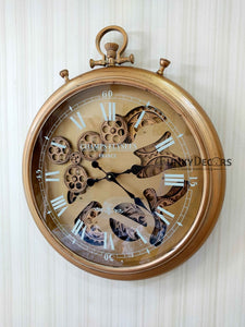 Funkytradition Royal Retro Style Metal Wall Clock With Glass Frame And Moving Gear Chronograph