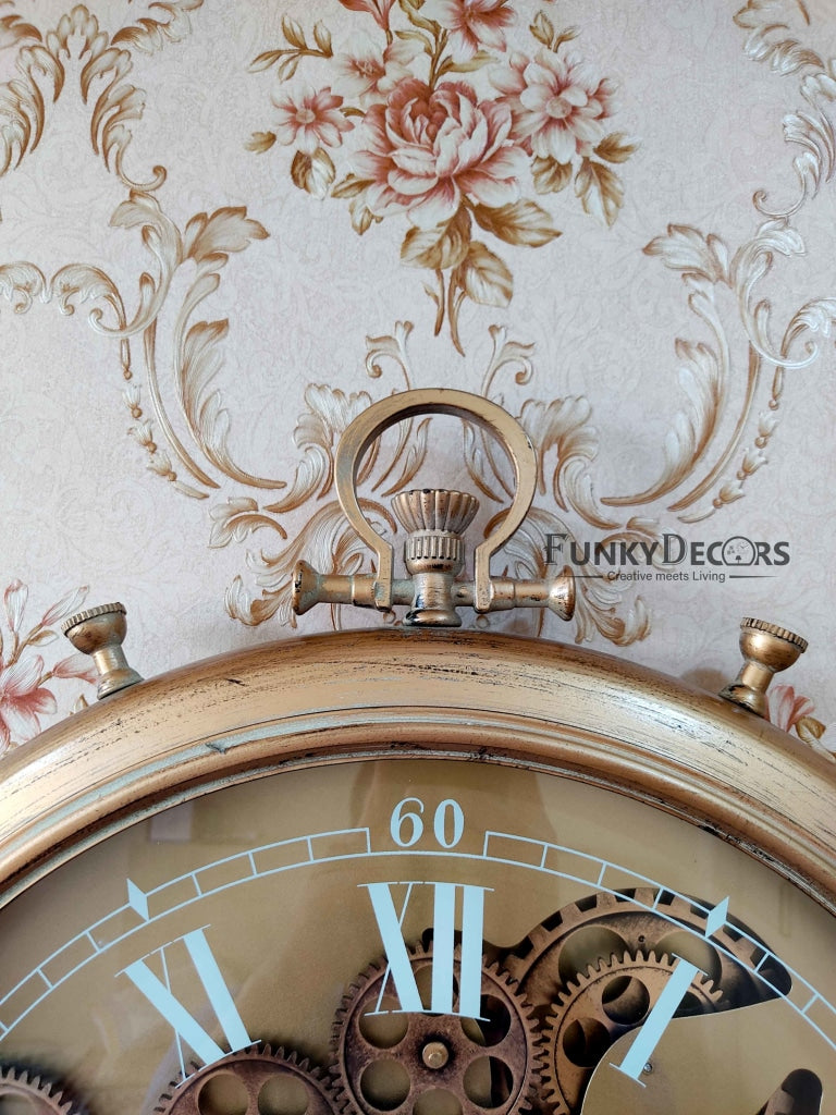 Funkytradition Royal Retro Style Metal Wall Clock With Glass Frame And Moving Gear Chronograph