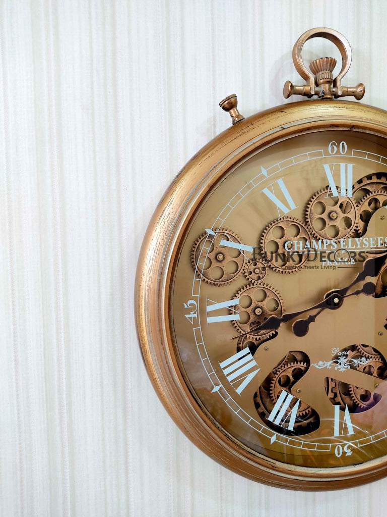 Funkytradition Royal Retro Style Metal Wall Clock With Glass Frame And Moving Gear Chronograph