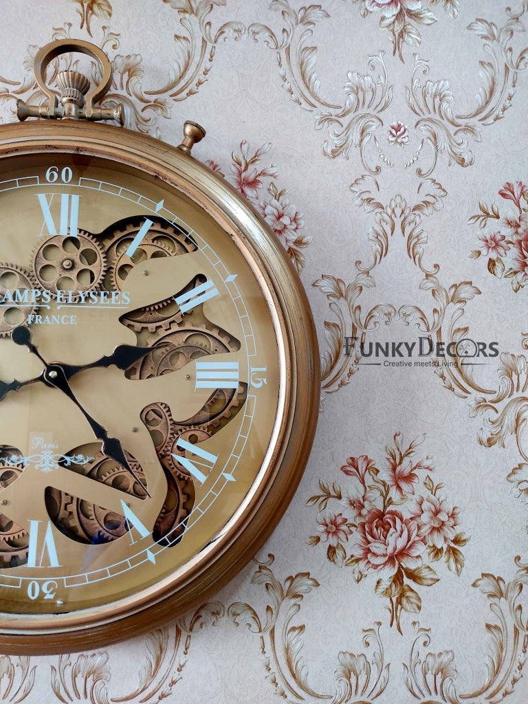 Funkytradition Royal Retro Style Metal Wall Clock With Glass Frame And Moving Gear Chronograph