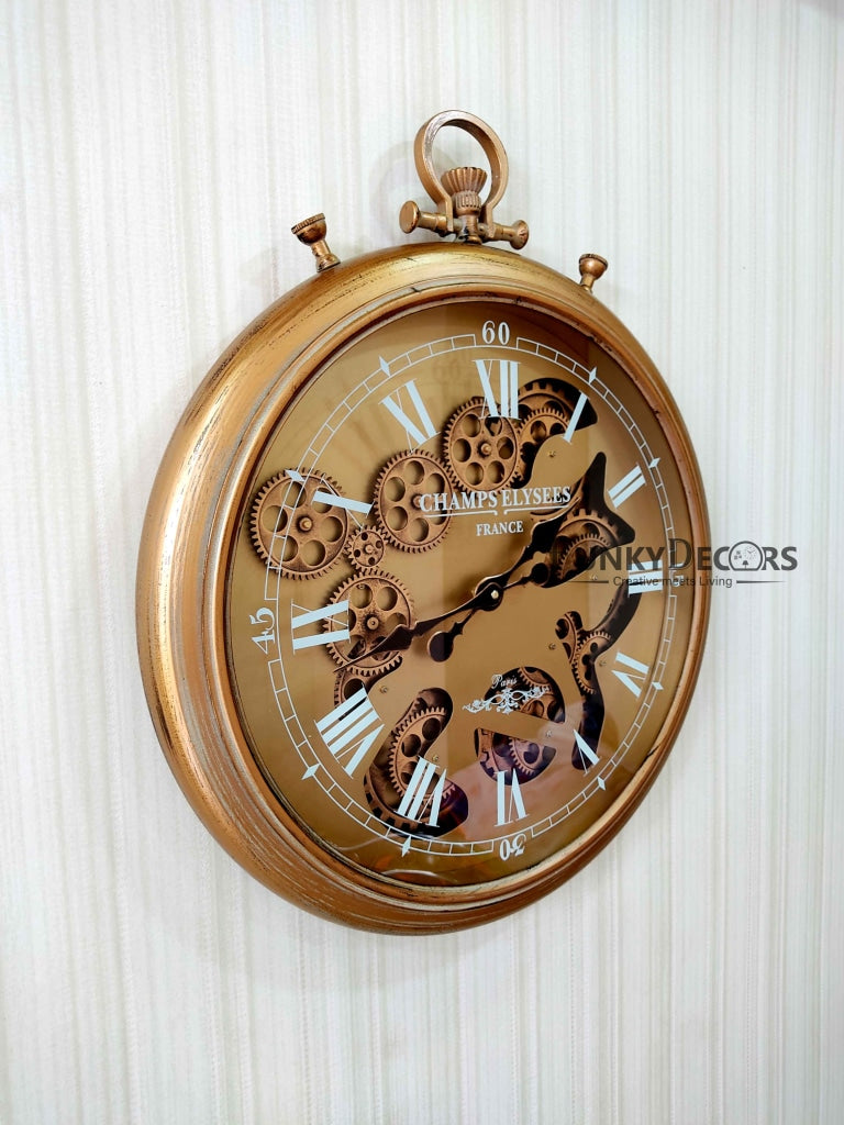 Funkytradition Royal Retro Style Metal Wall Clock With Glass Frame And Moving Gear Chronograph