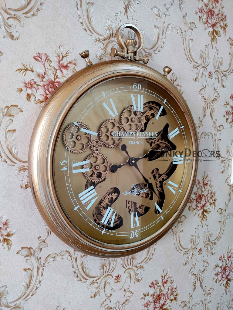 Funkytradition Royal Retro Style Metal Wall Clock With Glass Frame And Moving Gear Chronograph