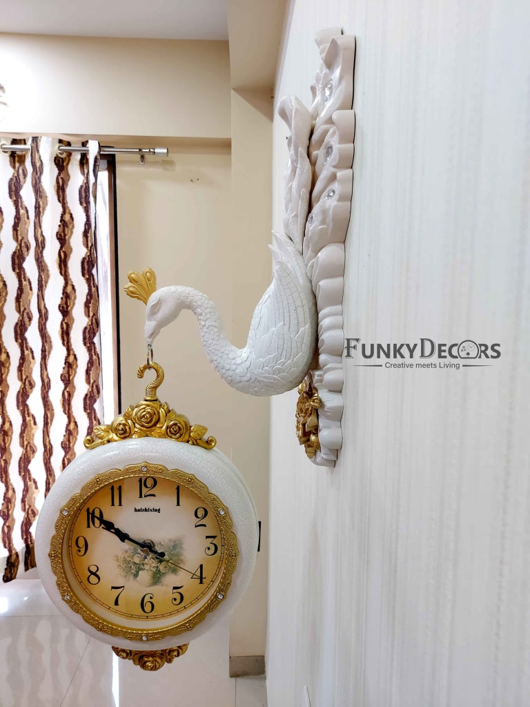 FunkyDecors Royal White Dual Hanging Peacock Wall Clock For Home Office Decor And Gifts 75 Cm