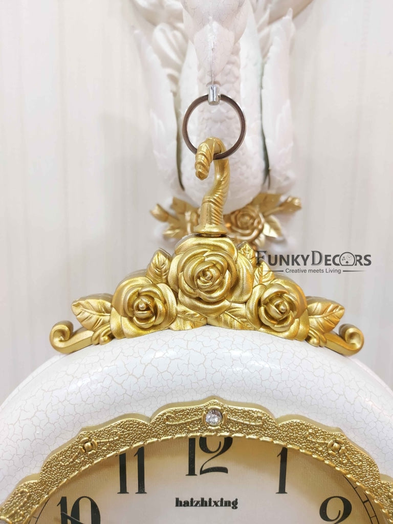 FunkyDecors Royal White Dual Hanging Peacock Wall Clock For Home Office Decor And Gifts 75 Cm