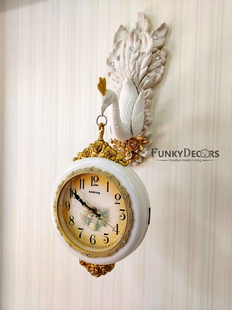 FunkyDecors Royal White Dual Hanging Peacock Wall Clock For Home Office Decor And Gifts 75 Cm