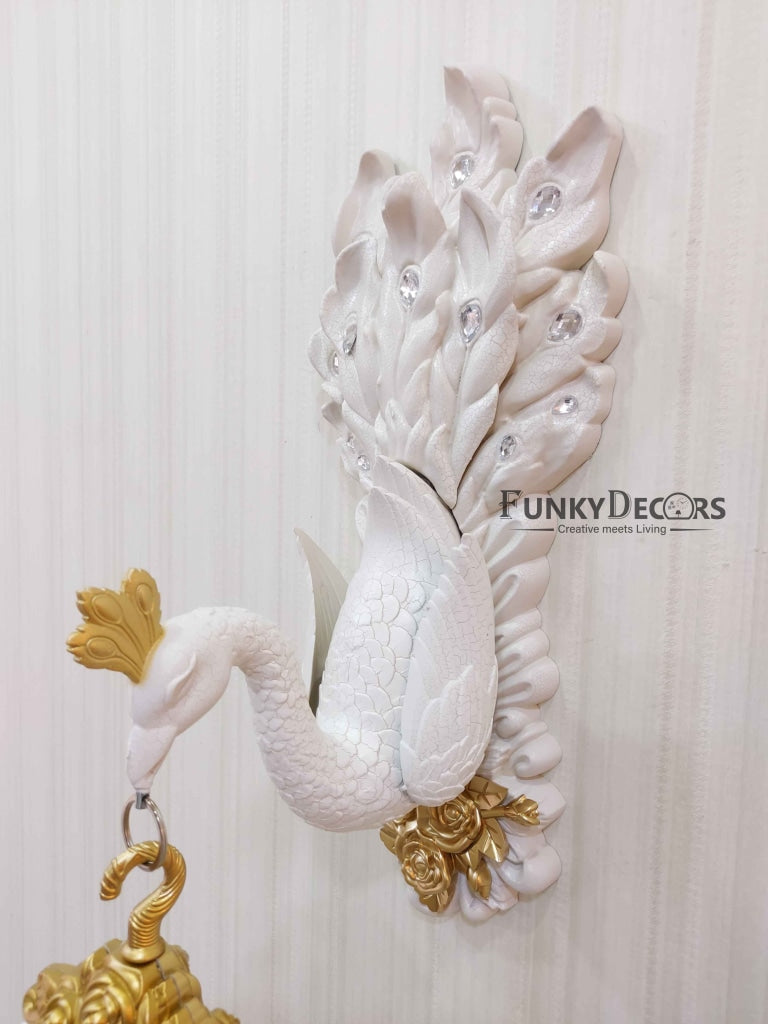 FunkyDecors Royal White Dual Hanging Peacock Wall Clock For Home Office Decor And Gifts 75 Cm