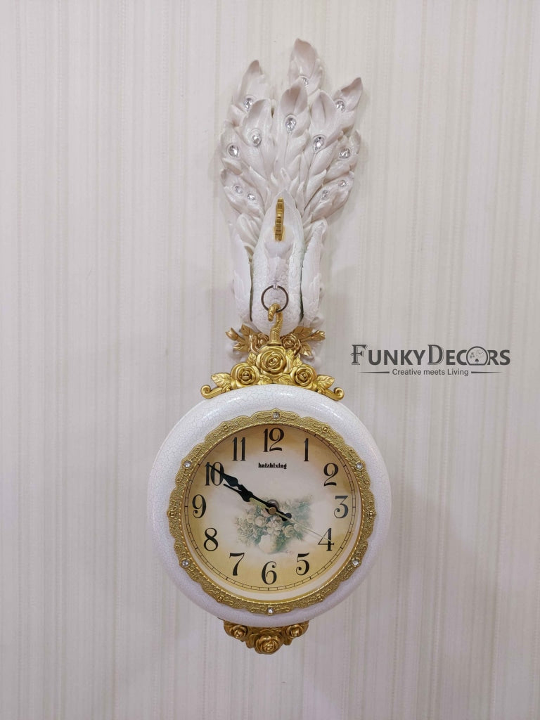 FunkyDecors Royal White Dual Hanging Peacock Wall Clock For Home Office Decor And Gifts 75 Cm