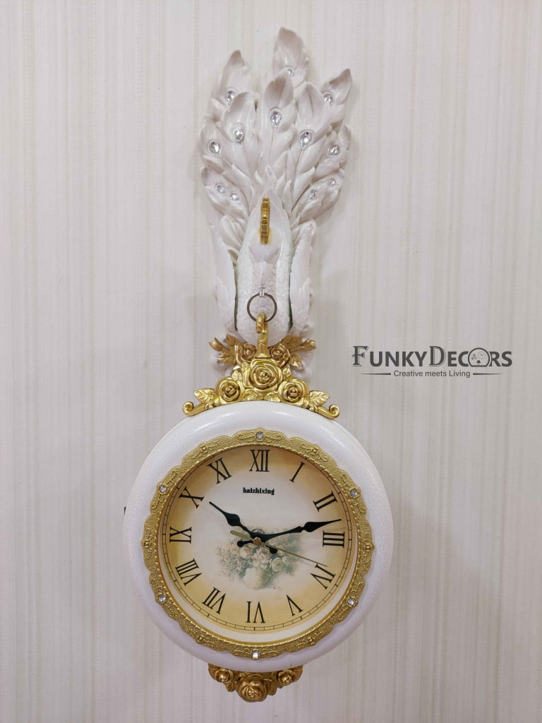 FunkyDecors Royal White Dual Hanging Peacock Wall Clock For Home Office Decor And Gifts 75 Cm