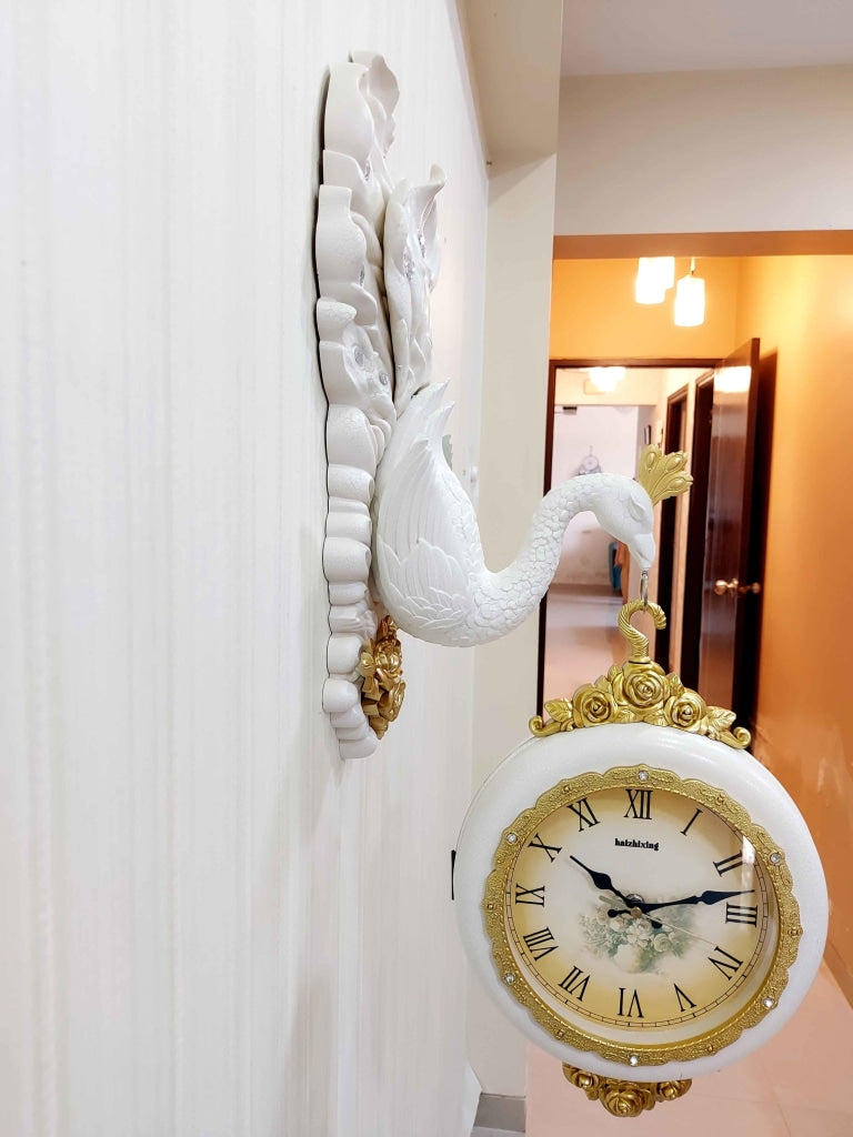 FunkyDecors Royal White Dual Hanging Peacock Wall Clock For Home Office Decor And Gifts 75 Cm