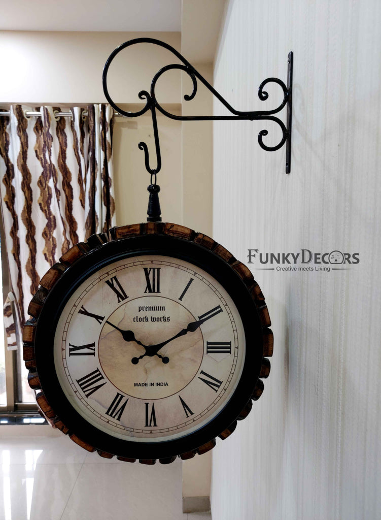 FunkyDecors Royal Wooden Antique-Look Brown Round Wall Hanging Double Sided 2 Faces Retro Station