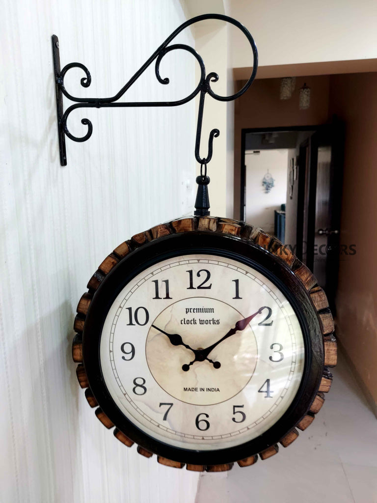FunkyDecors Royal Wooden Antique-Look Brown Round Wall Hanging Double Sided 2 Faces Retro Station