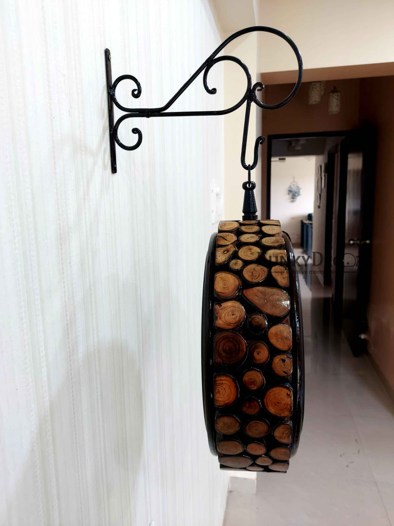Funkytradition Royal Wooden Antique-Look Brown Round Wall Hanging Double Sided 2 Faces Retro Station