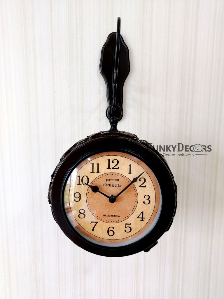 FunkyDecors Royal Wooden Antique-Look Brown Round Wall Hanging Double Sided 2 Faces Retro Station