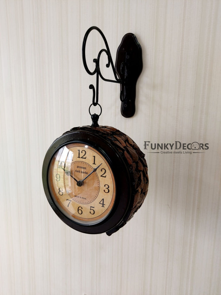 FunkyDecors Royal Wooden Antique-Look Brown Round Wall Hanging Double Sided 2 Faces Retro Station