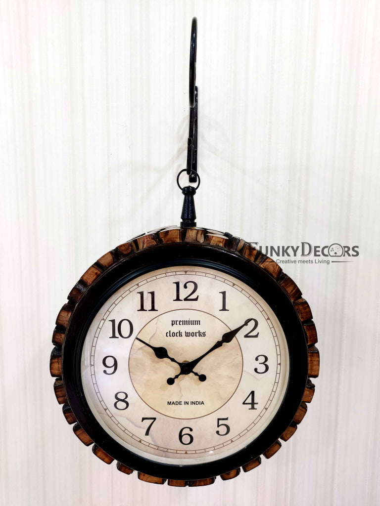 FunkyDecors Royal Wooden Antique-Look Brown Round Wall Hanging Double Sided 2 Faces Retro Station