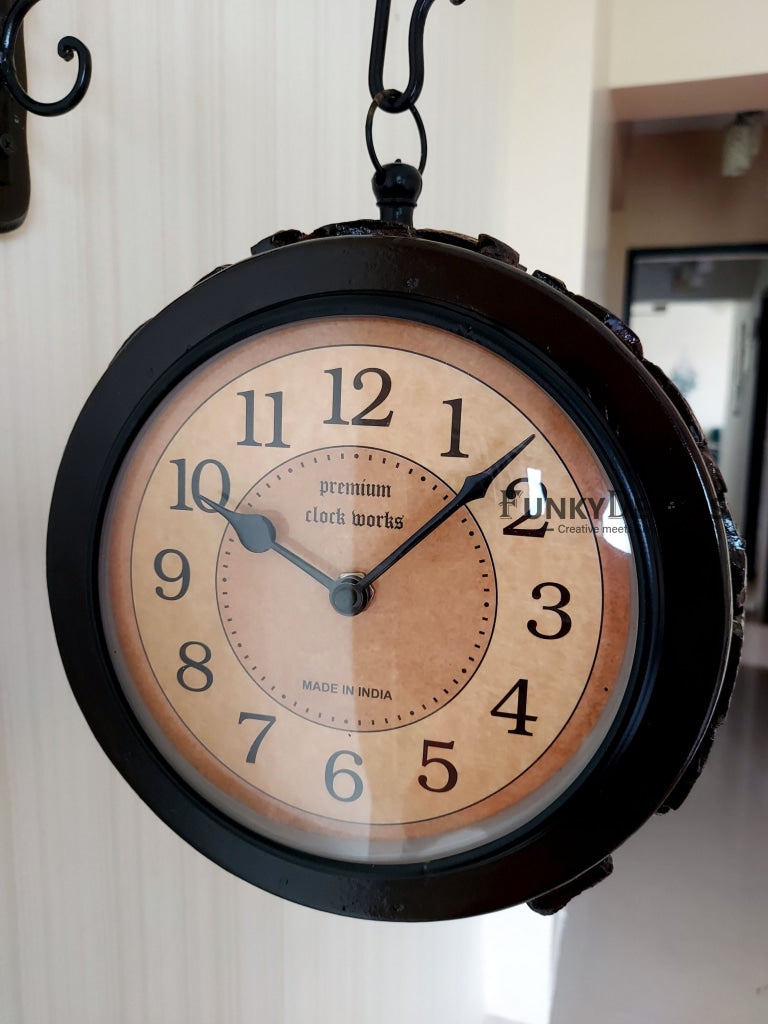 FunkyDecors Royal Wooden Antique-Look Brown Round Wall Hanging Double Sided 2 Faces Retro Station