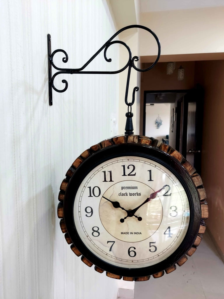 FunkyDecors Royal Wooden Antique-Look Brown Round Wall Hanging Double Sided 2 Faces Retro Station