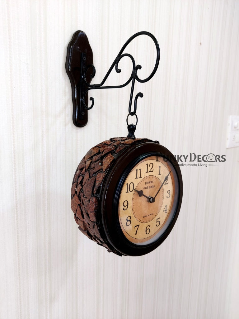 FunkyDecors Royal Wooden Antique-Look Brown Round Wall Hanging Double Sided 2 Faces Retro Station