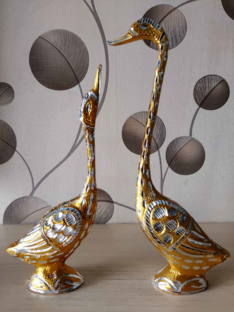FunkyDecors Swan Love Birds Collectible Statue Metal Showpiece 28 Cm Tall Golden Figurines