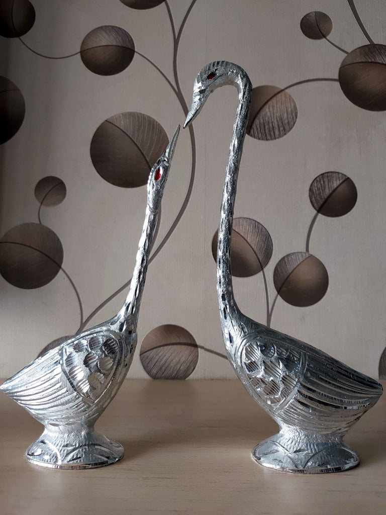 FunkyDecors Swan Love Birds Collectible Statue Metal Showpiece 28 Cm Tall Silver Figurines