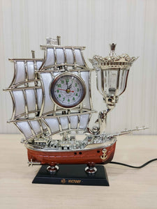 Funkytradition Vintage Pirates Ship Table Lamp With Alarm Clock For Christmas Anniversary Birthday