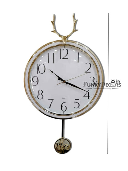 Funkytradition White Golden Reindeer Pendulum Wall Clock Watch Decor For Home Office And Gifts 65 Cm