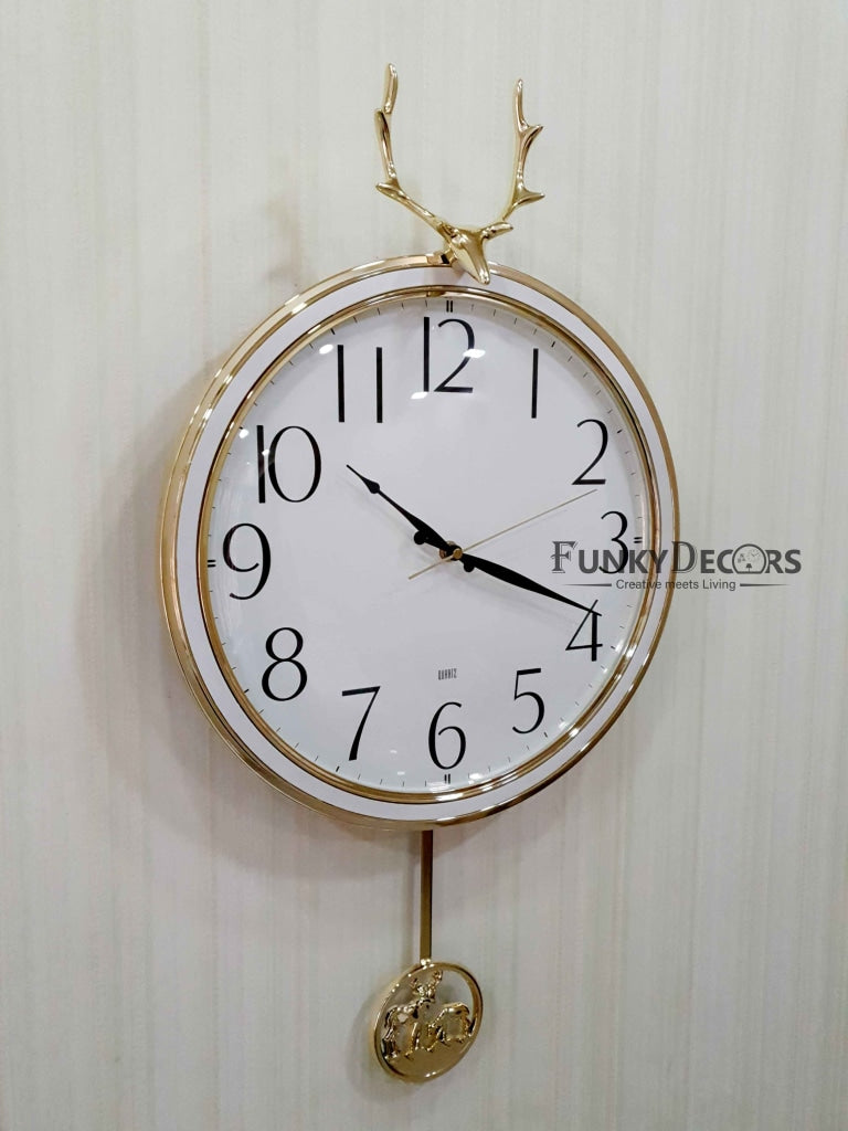 Funkytradition White Golden Reindeer Pendulum Wall Clock Watch Decor For Home Office And Gifts 65 Cm