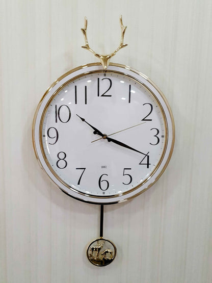 Funkytradition White Golden Reindeer Pendulum Wall Clock Watch Decor For Home Office And Gifts 65 Cm