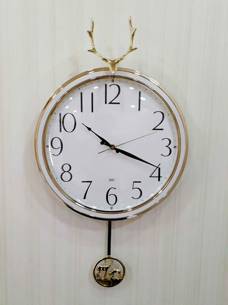 Funkytradition White Golden Reindeer Pendulum Wall Clock Watch Decor For Home Office And Gifts 65 Cm