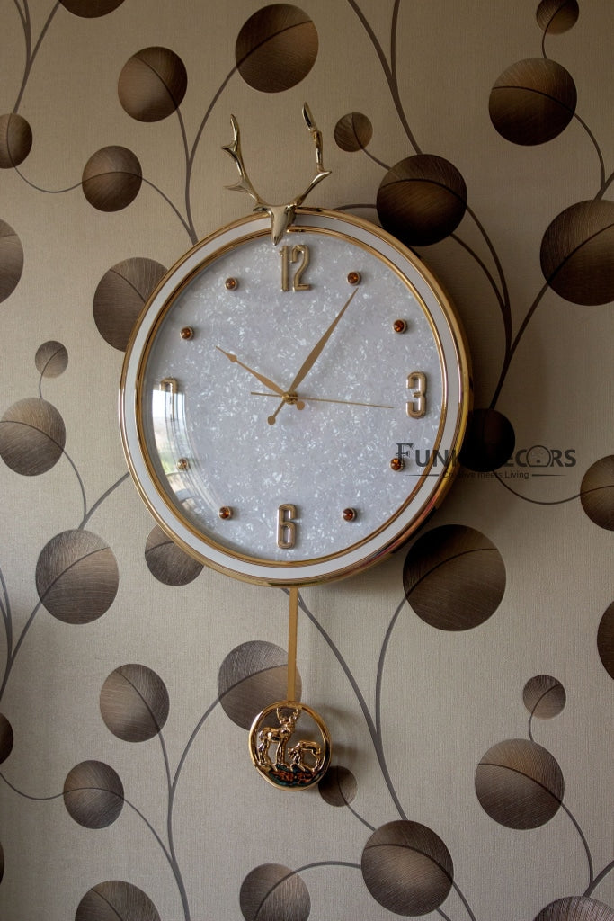 FunkyDecors White Golden Reindeer Pendulum Wall Clock Watch Decor For Home Office And Gifts 65 Cm