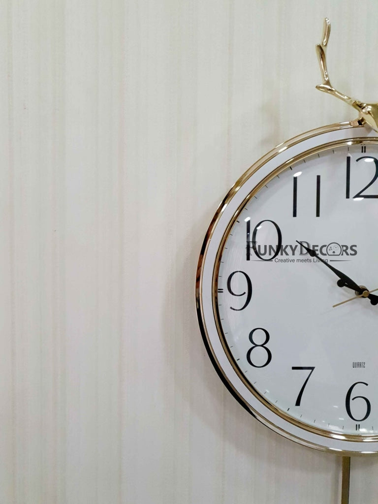 Funkytradition White Golden Reindeer Pendulum Wall Clock Watch Decor For Home Office And Gifts 65 Cm
