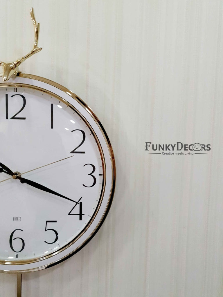 Funkytradition White Golden Reindeer Pendulum Wall Clock Watch Decor For Home Office And Gifts 65 Cm