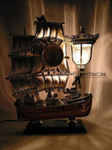 FunkyTradition White Metallic Gold Vintage Pirates Ship Table Lamp with Alarm Clock for Christmas, Anniversary, Birthday Gift, Home and Office Decor Table Lamps FunkyTradition