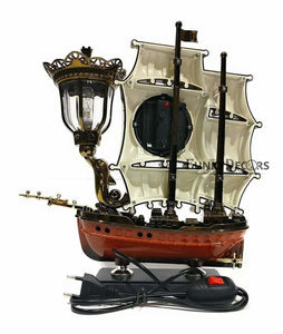 FunkyTradition White Metallic Gold Vintage Pirates Ship Table Lamp with Alarm Clock for Christmas, Anniversary, Birthday Gift, Home and Office Decor Table Lamps FunkyTradition