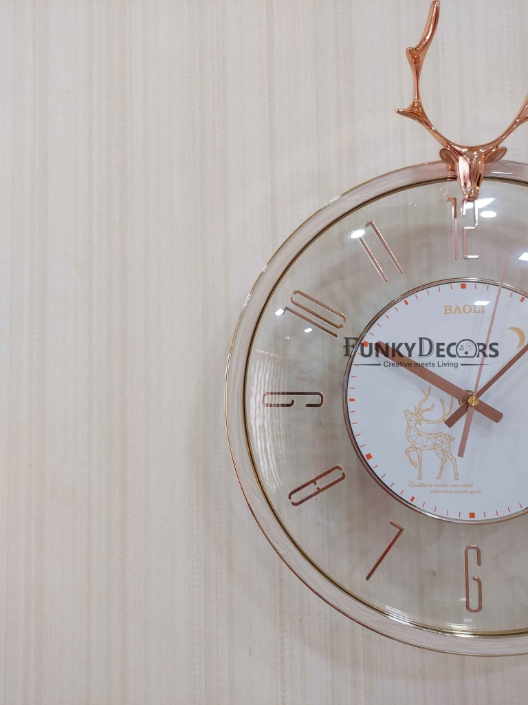 FunkyDecors White Reindeer Glass Transparent Minimal Wall Clock Watch Decor For Home Office And