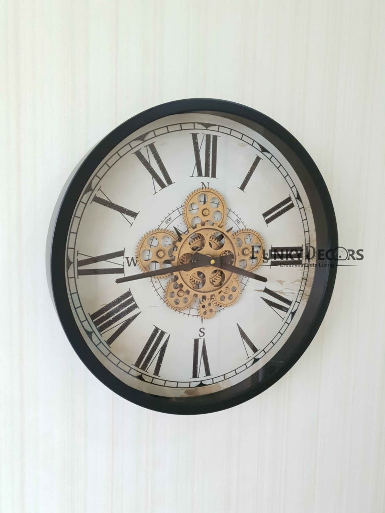 Royal Retro Style Metal Wall Clock With Glass Frame And Moving Gear Chronograph Working Watch 46 Cm