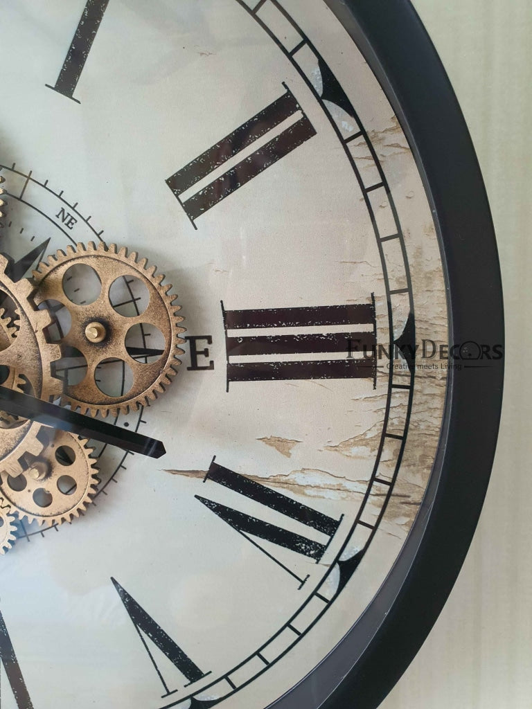 Royal Retro Style Metal Wall Clock With Glass Frame And Moving Gear Chronograph Working Watch 46 Cm