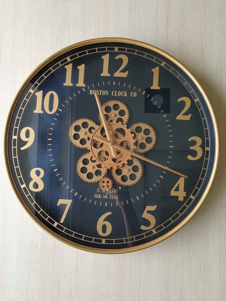 Royal Retro Style Metal Wall Clock With Glass Frame And Moving Gear Chronograph Working Watch 50 Cm