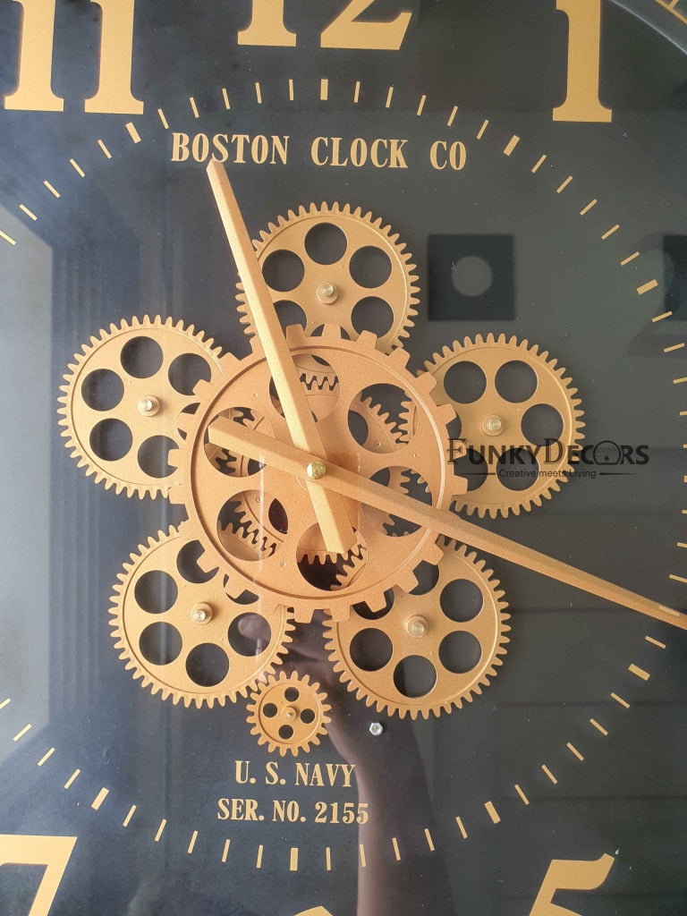 Royal Retro Style Metal Wall Clock With Glass Frame And Moving Gear Chronograph Working Watch 50 Cm