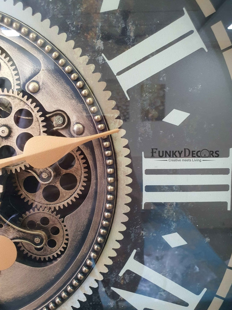 Royal Retro Vintage Style Metal Wall Clock With Glass Frame And Moving Gear Chronograph Working