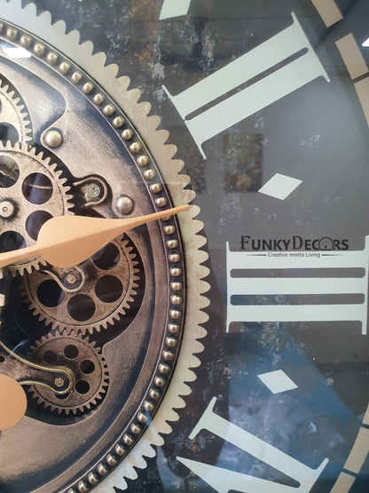 Royal Retro Vintage Style Metal Wall Clock With Glass Frame And Moving Gear Chronograph Working