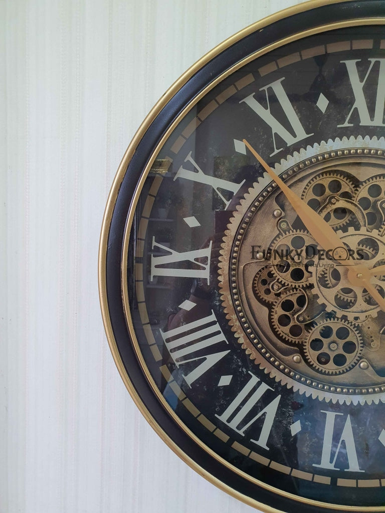 Royal Retro Vintage Style Metal Wall Clock With Glass Frame And Moving Gear Chronograph Working