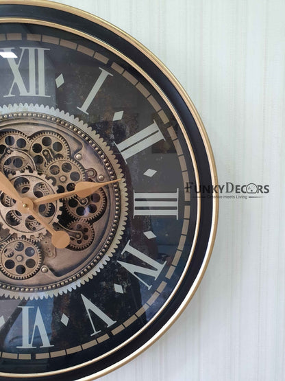 Royal Retro Vintage Style Metal Wall Clock With Glass Frame And Moving Gear Chronograph Working