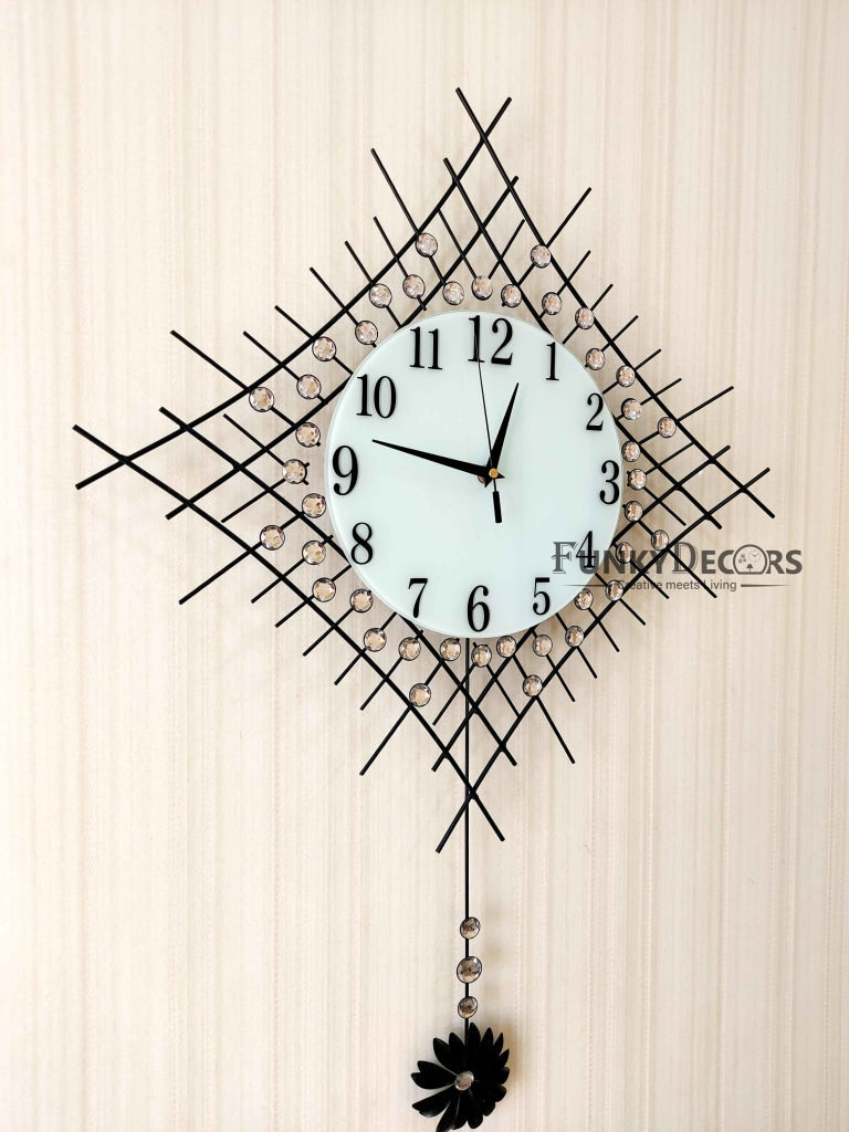 Stylish Flora Diamond Studded Silent Movement Pendulum Metal Wall Clock- FunkyDecors Clocks