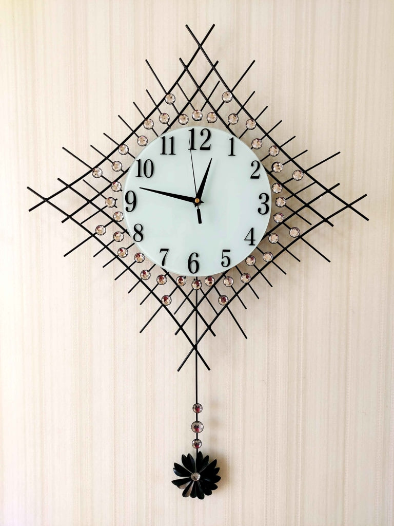 Stylish Flora Diamond Studded Silent Movement Pendulum Metal Wall Clock- FunkyDecors Clocks