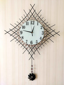 Stylish Flora Diamond Studded Silent Movement Pendulum Metal Wall Clock- Funkytradition Clocks