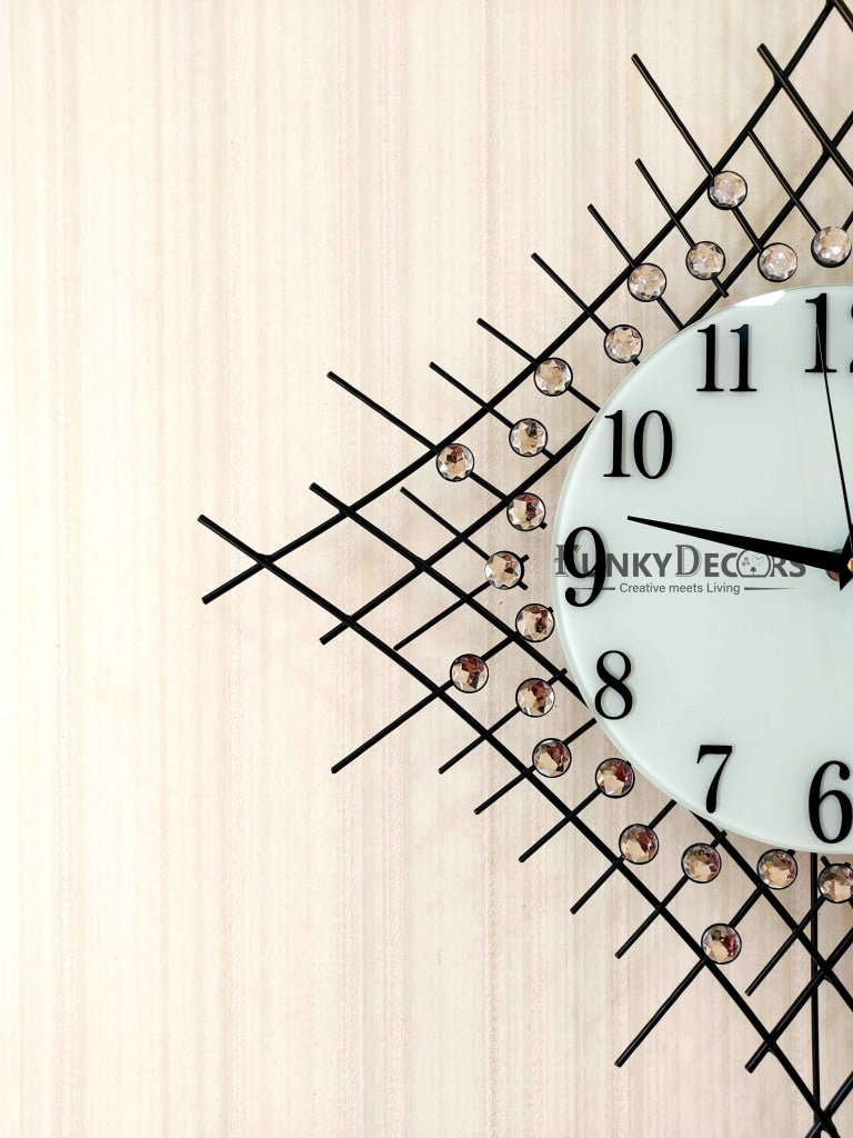 Stylish Flora Diamond Studded Silent Movement Pendulum Metal Wall Clock- FunkyDecors Clocks